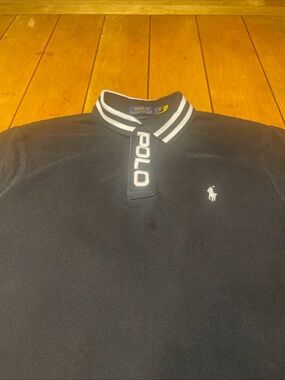 Polo Ralph Lauren Black Polo with Striped Ribbed Collar White Spellout Large